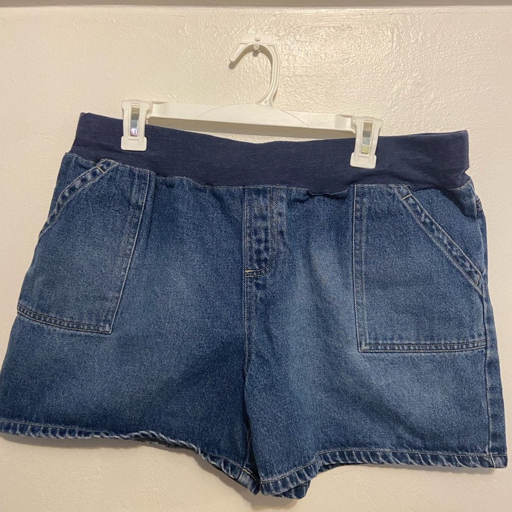 Maternity: Blue Relaxed Fit Jean Shorts with Stretch Waistband size L (12-14)